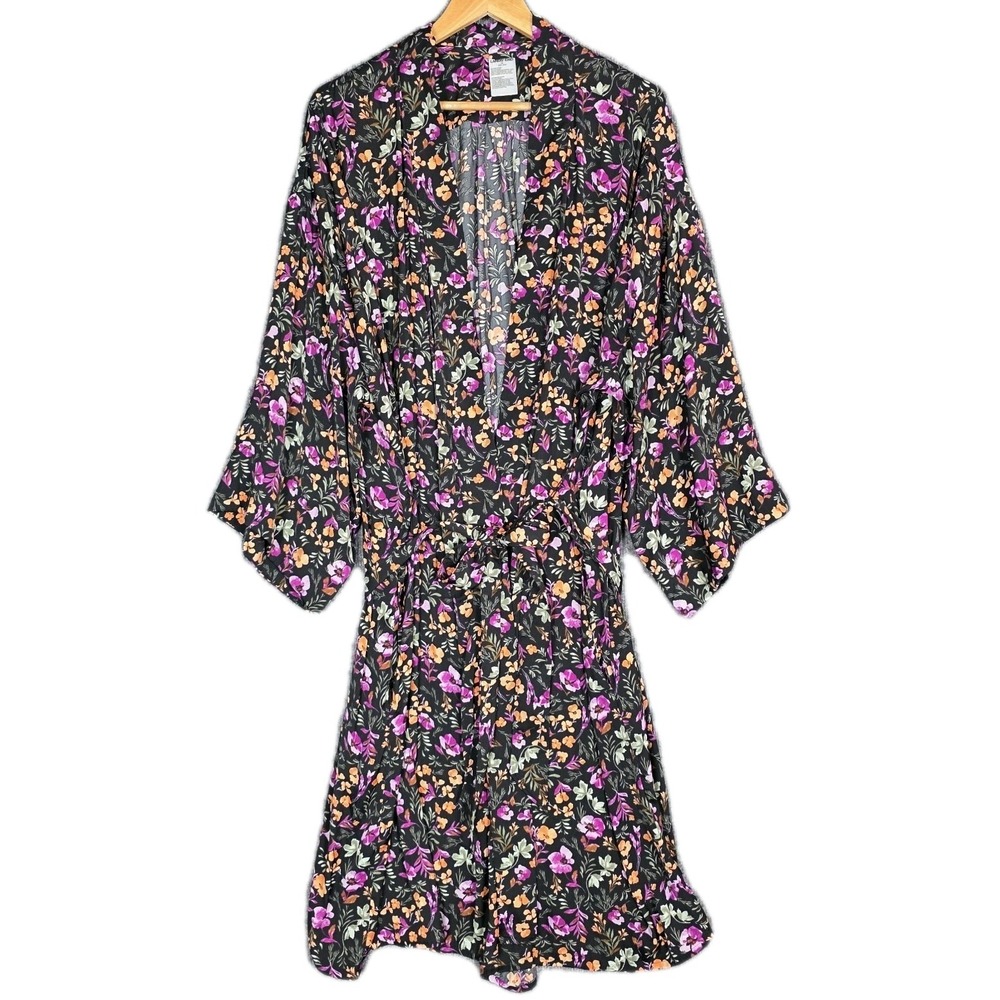 Land's End Robe Women's 3X Black Floral Lightweight Kimono Plus Size 24/26